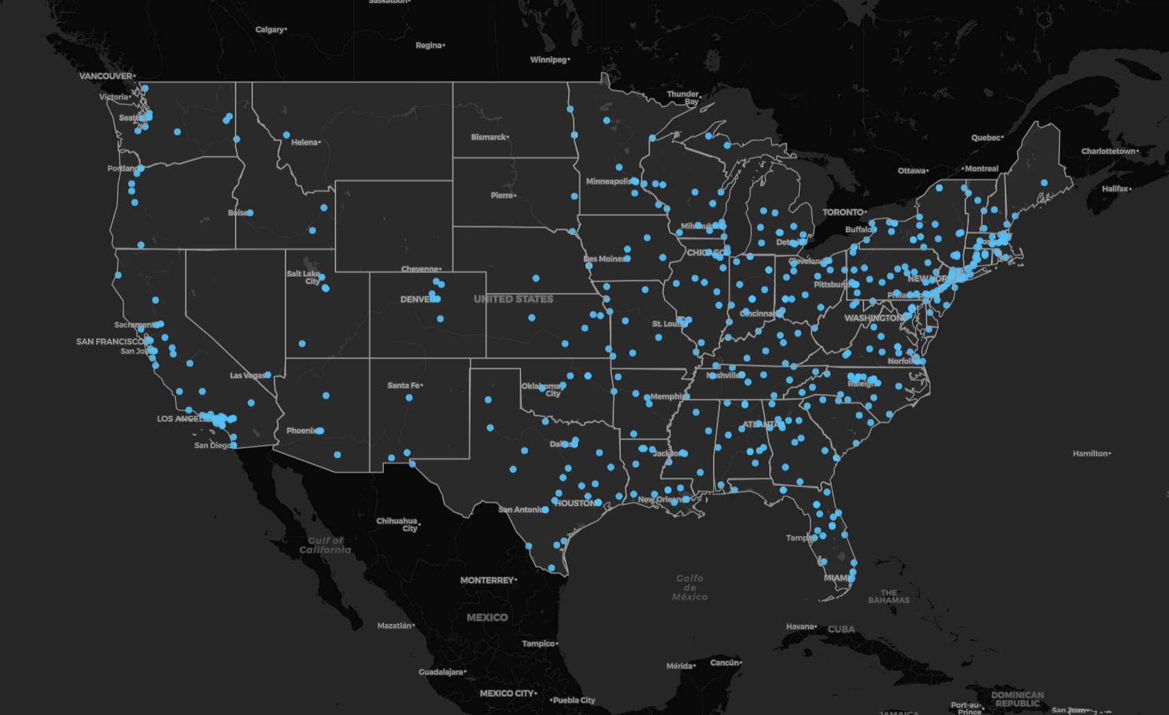 200+ markets — dark theme dot map